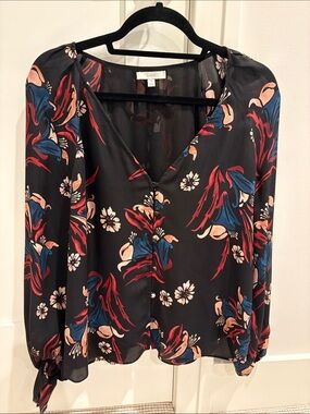 Joie Black Floral V-Neck Button-Front Blouse with Red & Blue Accents